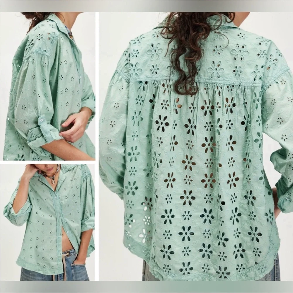 NWT Free People We The Free Mae Washed Eyelet Shirt - faded green wash - small